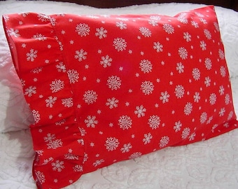 Ruffled Travel Pillowcase - Snowflakes & Stardust on Christmas Red - Boudoir, Lumbar, Winter Home Decor Case Cover for 12 x 16 Pillow