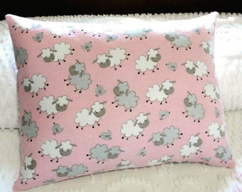 Baby Lambs Travel Pillowcase - White & Gray Sheep on Pink Flannel - Toddler, Lumbar, Nursery 12x16 Pillow Case Cover, Envelope Back