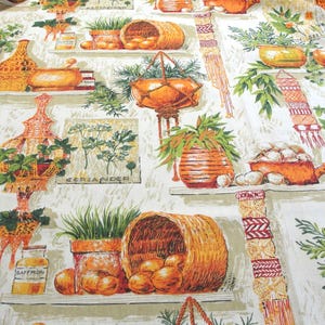 May include: A white fabric featuring a repeating pattern of orange and green illustrations. The design includes woven baskets, potted plants, hanging macrame planters, and glass jars labeled with text such as Saffron and Coriander.