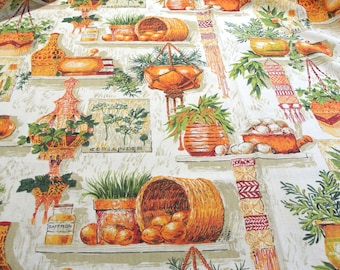 Vintage 70s Decorator Fabric - Orange, Gold, Green Planters, Baskets, Macramé, Herbs - 44" wide, BTY