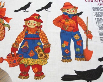 Autumn Appliques Fabric Panel Remnants - Cut n Sew Pumpkins, Oak Leaves, Scarecrows, Black Crows, Corn - DIY Upcycled Clothing, Quilting
