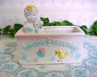 Vintage 50s INARCO Planter, Baby Boy Nursery Container- Junior Executive - Bird, Rattle, Teddy Bear - Made in Japan with Foil Label