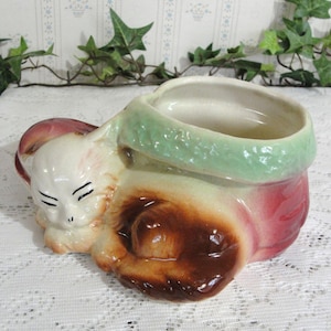 Vintage Cat & Boot Planter - Pink, Green Sleeping Kitten Shawnee Art Pottery - Mid Century Home Decor Container Collectible EC