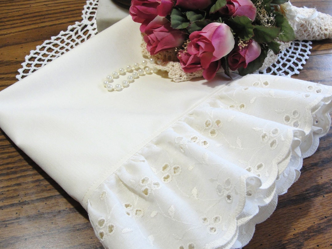 Cream Ruffled Eyelet Pillowcase Choose Standard/ Queen Size or 12x16