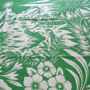 Vintage 40s Tropical Hawaiian Fabric - Green, White Toile Scenic Border, Palm Trees, Hibiscus Floral, Hula Girls - Tourist Chic - 35&quot; wide