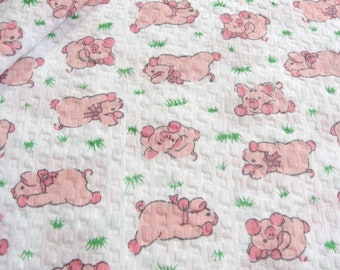 1.4 yd Vintage Seersucker Juvenile Fabric - Little Pink Pigs on Textured White Plisse', Wamsutta 45x49