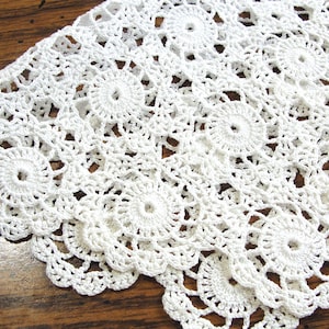 Vintage White Crochet Doily - Dainty Rosettes Circular Hexagon Centerpiece, Vanity, Side Table, Cottage Chic Lace Doily 10&quot;, two available