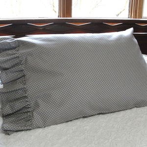 Ruffled Cotton Pillowcase Pillow Shams Gray with Little White Polka Dots Handmade, Wide Ruffles, Standard Queen Bed Bedding image 4