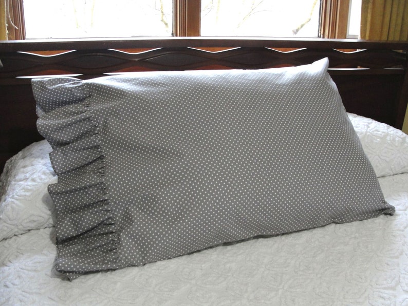 Ruffled Cotton Pillowcase Pillow Shams Gray with Little White Polka Dots Handmade, Wide Ruffles, Standard Queen Bed Bedding image 4