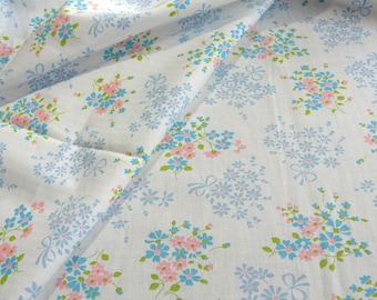 Vintage 50s 60s Floral Fabric - Pink, Blue Daisy Flower Bouquets on White - Cotton Quilt, Clothing Material - 36" wide by the half yard