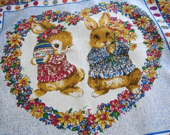 Bunny Rabbit Table Topper or Wall Hanging - Girl and Boy Rabbits, Flowers, Easter Eggs - Vintage Handmade with lace edge 23" square