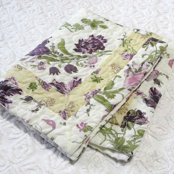Quilted Patchwork Pillow Sham - Tulip Floral & Stripes, Lavender Purple, Sage Green, Pink, Yellow - English Cottage Garden Standard bed size