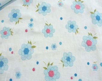 Vintage 40s 50s Floral Fabric - Blue & Rose Pink Stylized Flowers on Blue - Cotton Quilt, Clothing Material - 36" wide BTY