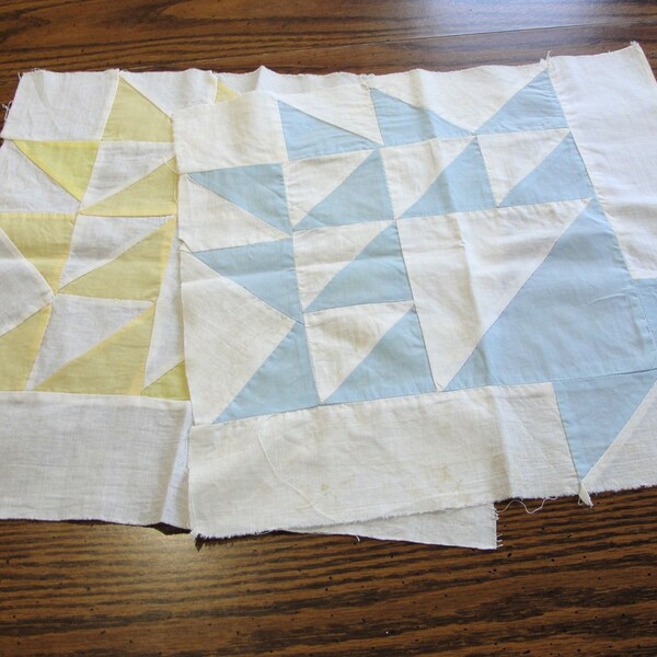 2 Vintage Quilt Blocks - 14" May Basket, Flower Basket, Patchwork Blocks, 1 blue, 1 yellow for framing, sewing, collage, display, quilting