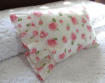 Pink Roses Ruffled Boudoir Pillow Case - Cabbage Rose Floral Travel, Toddler, Lumbar 12x16 Pillow Cover, Handmade from vintage cotton fabric