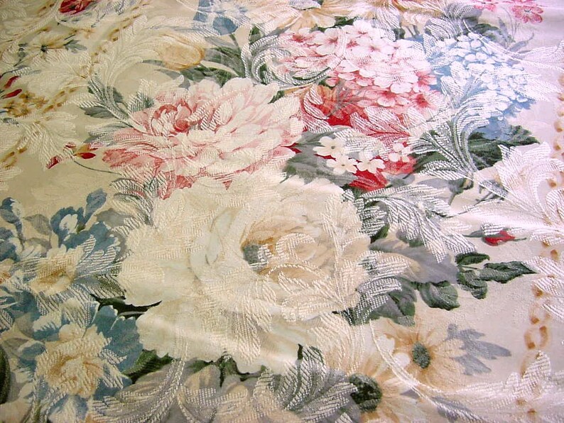 Rose Hydrangea Peony Tulip Daisy Flowers Romantic Victorian Cottage Chic Pink Blue Sage Vintage BTY Floral Upholstery Decorator Fabric
