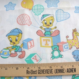 Vintage 80s Tweety Bird Fabric Juvenile Novelty Baby Material Warner Brothers, Looney Tunes, Peter Pan Fabric, Yellow, Blue, Aqua BTY image 3