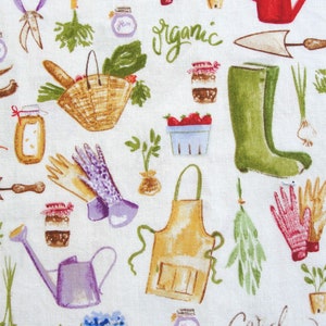 AMF Homegrown - Gardening Fabric - Herbs, Strawberries, Watering Can, Garden Shovel, Sun Hat, Gathering Basket - Cotton Quilt Material BTY