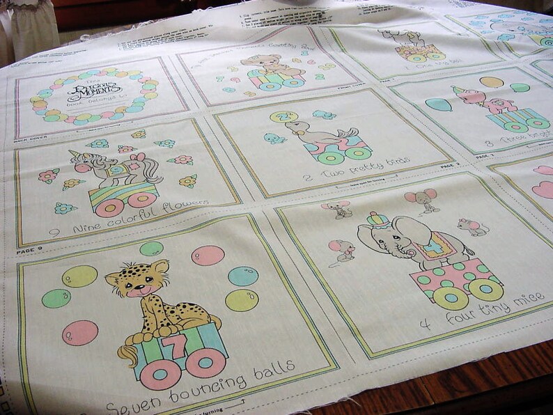 Unicorn Elephant Seal Pig Lamb Giraffe Bluebird Vintage Precious Moments Fabric Panel 1 2 3 Counting Soft Book to Sew Baby Quilt Squares