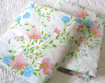 Vintage Floral Twin Flat Sheet - Pink, Yellow, Blue, Green Flowers on White - Single Bed, No Iron Penn Prest, JCPenny Fashion Manor Percale