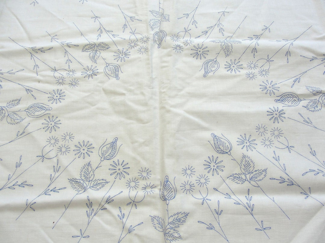 Vintage Cotton Pillowcase Stamped to Embroider Rosebuds & Daisy Floral on Center Front of