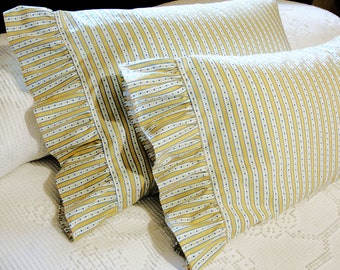 Ruffled Travel Pillowcase - Ticking Stripe in Yellow, Blue, White Floral, Lumbar, Boudoir, Toddler 12x16 or 14x20 Pillow Case Cover