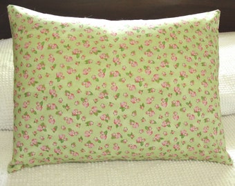 Travel Pillowcase - Pink Roses on Mint Green - Case Cover for 12x16 Lumbar, Boudoir, Toddler or Accent Pillow, envelope back