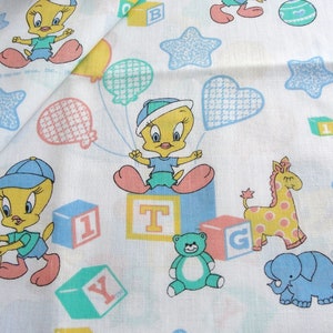Vintage 80s Tweety Bird Fabric Juvenile Novelty Baby Material Warner Brothers, Looney Tunes, Peter Pan Fabric, Yellow, Blue, Aqua BTY image 1