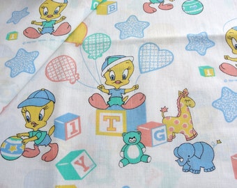 Vintage 80s Tweety Bird Fabric - Juvenile Novelty Baby Material - Warner Brothers, Looney Tunes, Peter Pan Fabric, Yellow, Blue, Aqua BTY