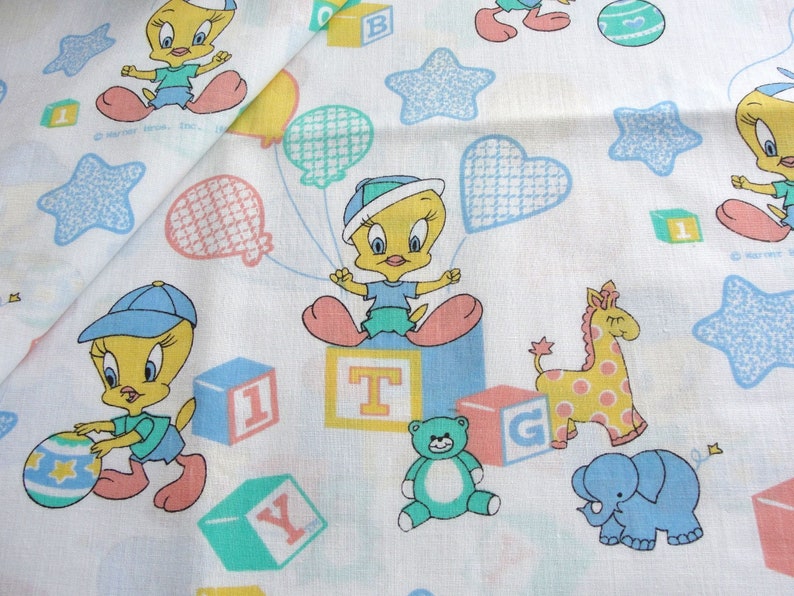 Vintage 80s Tweety Bird Fabric Juvenile Novelty Baby Material Warner Brothers, Looney Tunes, Peter Pan Fabric, Yellow, Blue, Aqua BTY image 1