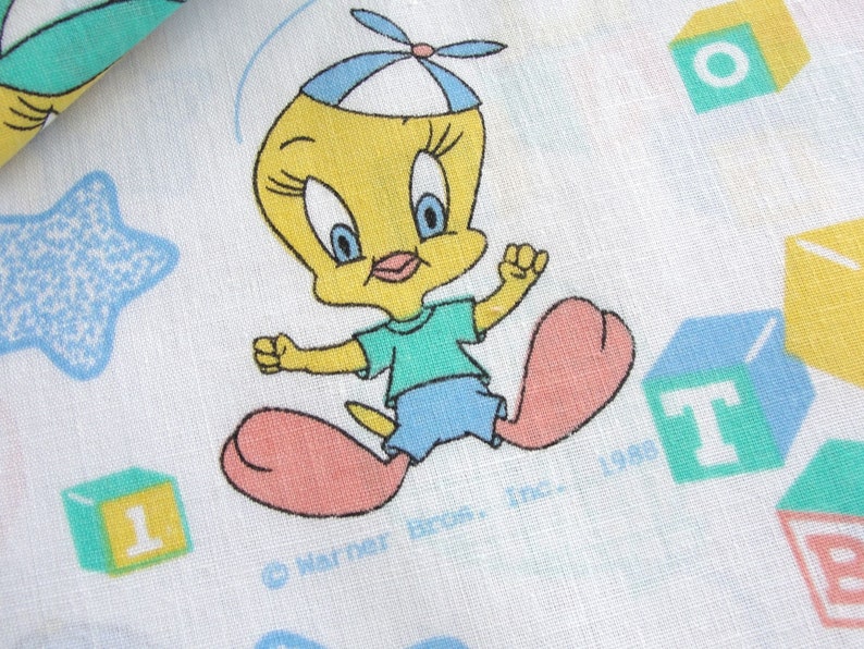 Vintage 80s Tweety Bird Fabric Juvenile Novelty Baby Material Warner Brothers, Looney Tunes, Peter Pan Fabric, Yellow, Blue, Aqua BTY image 4