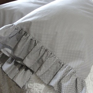 Ruffled Cotton Pillowcase Pillow Shams Gray with Little White Polka Dots Handmade, Wide Ruffles, Standard Queen Bed Bedding image 2