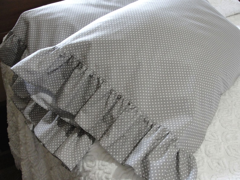 Ruffled Cotton Pillowcase Pillow Shams Gray with Little White Polka Dots Handmade, Wide Ruffles, Standard Queen Bed Bedding image 2