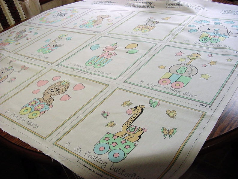 Unicorn Elephant Seal Pig Lamb Giraffe Bluebird Vintage Precious Moments Fabric Panel 1 2 3 Counting Soft Book to Sew Baby Quilt Squares