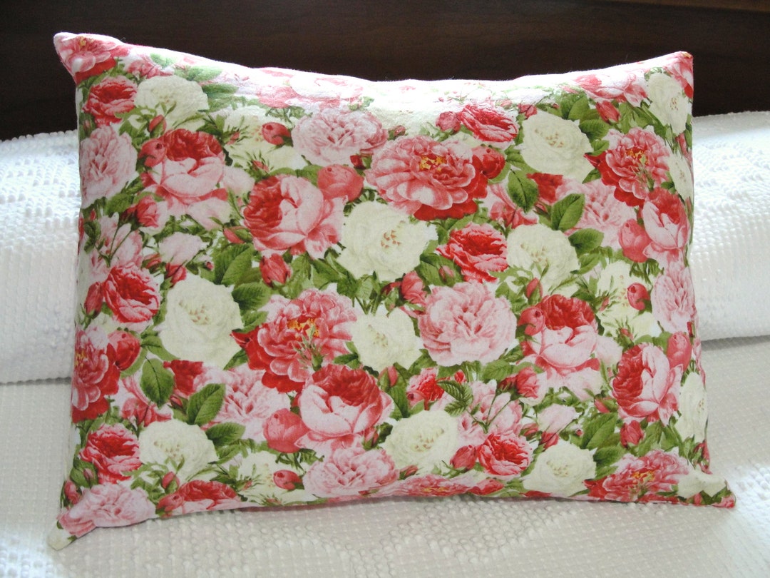Boudoir, Travel Pillow Case Raspberry Pink ROSES, Moss Green, White