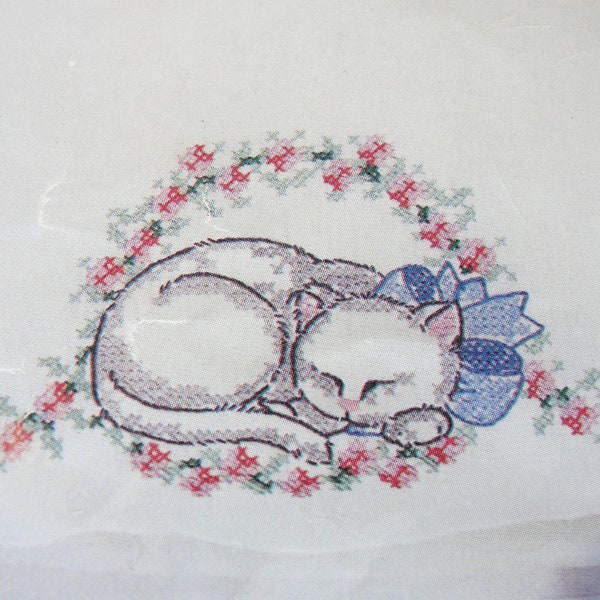 Cat Pillowcases Stamped to Embroider - Vintage Pair, Cotton Blend, Clear Printing, Instructions - Sleeping Kitten with Bow in Floral Wreath