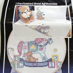 Baby Sheet & Pillowcase Stamped to Embroider Kit - Cowboy Teddy Bear and Rocking Horse by WonderArt - Baby Shower, Heirloom Gift