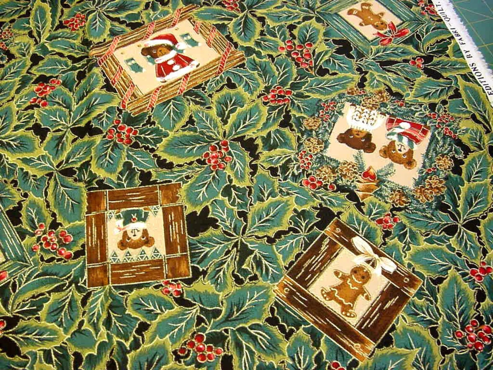 Christmas Quilt Fabric Metallic Gold Glitz Green Holly with Etsy