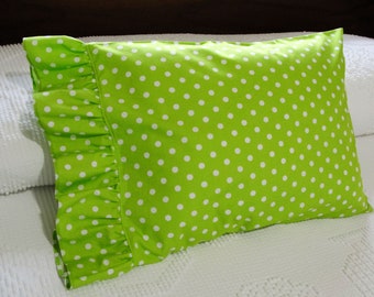Ruffled Travel Pillowcase - Lime Green Cotton with White Polka Dots - Toddler, Boudoir, Decorator, Lumbar Case Cover for 12x16 Pillow