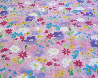 Vintage Seersucker Floral Fabric - Purple. Cranberry Pink, Peacock Blue on Pink Plisse' - Looks like a water color hand paint - BTY or BTHY