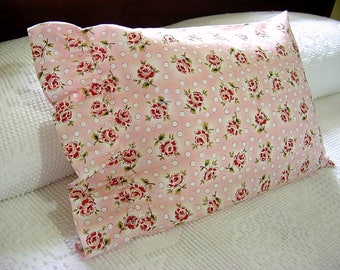 Pink Retro Roses Ruffled Travel Pillow Case - Toddler Boudoir Lumbar Pillowcase Cover for 12x16 or 14x20 Pillow - Other colors made to order