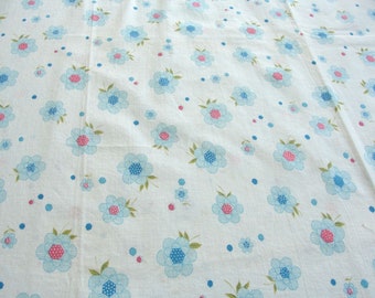 Vintage 40s 50s Cotton Floral Fabric - Blue & Rose Pink Flowers on Blue - Quilt, Clothing Material - 36" wide, BTHY