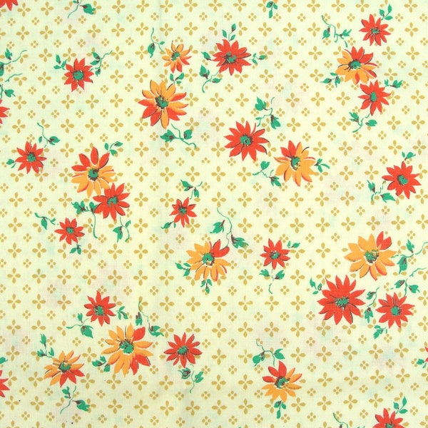 Vintage 30s 40s Cotton Fabric - Orange Daisy Flowers on Yellow Quilt Fabric - 34" wide by the half yard