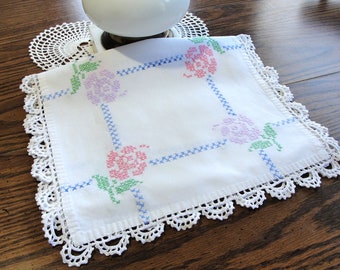 Vintage Embroidered Table Runner, Dresser Scarf - Hand Embroidered Roses, Crochet Lace - Pink, Blue, Lavender, Green 14"x 42"