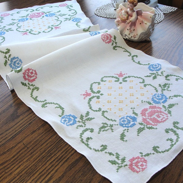 Vintage Embroidered Roses Table Runner, Dresser Scarf - Pink, Blue, Green, Yellow Floral - Hand Embroidery on Linen 15"x 48"