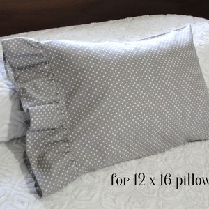 Ruffled Cotton Pillowcase Pillow Shams Gray with Little White Polka Dots Handmade, Wide Ruffles, Standard Queen Bed Bedding image 9