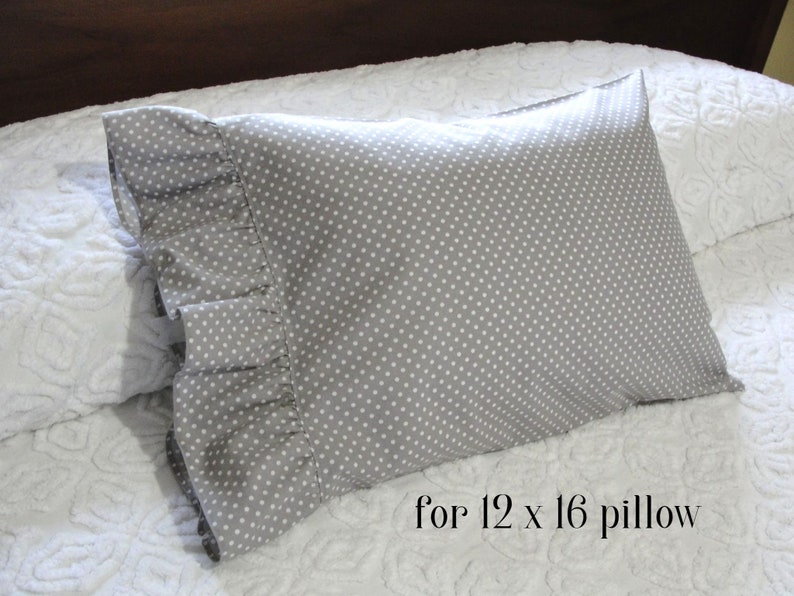 Ruffled Cotton Pillowcase Pillow Shams Gray with Little White Polka Dots Handmade, Wide Ruffles, Standard Queen Bed Bedding image 9