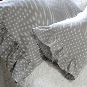 Ruffled Cotton Pillowcase Pillow Shams Gray with Little White Polka Dots Handmade, Wide Ruffles, Standard Queen Bed Bedding image 8