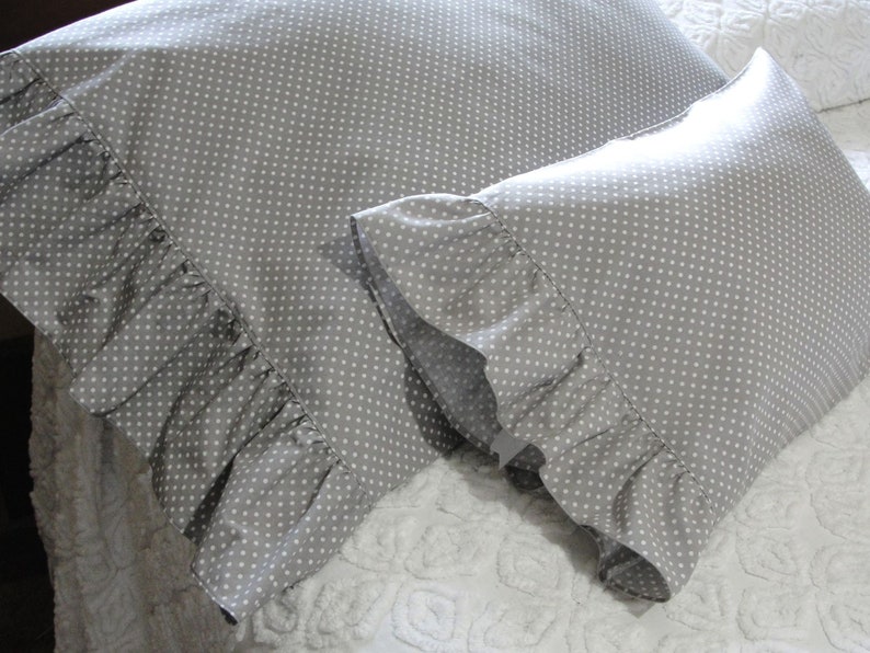 Ruffled Cotton Pillowcase Pillow Shams Gray with Little White Polka Dots Handmade, Wide Ruffles, Standard Queen Bed Bedding image 8