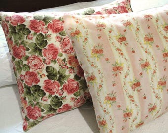 Roses Travel Pillowcase - Salmon Pink, Olive Green Cabbage Roses Cover for 12x16 Boudoir, Lumbar, Accent Pillow - envelope back